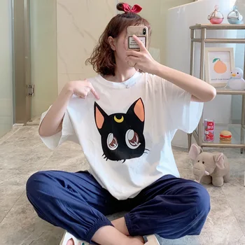 Verão Pijamas De Manga Curta Japão Anime De Pijama Luna Gato Kawaii Kitty Impressão De Pijamas Longo Calça Fina Harajuku Homewear Winnie Novo