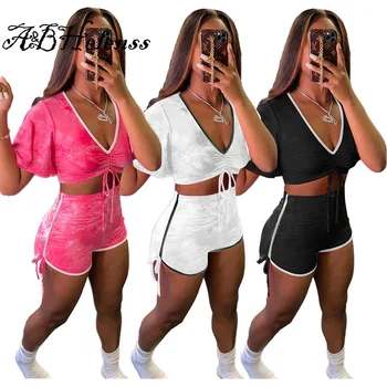 Verão 2021 Homewear Duas Peças De Conjunto De Mulheres Casual Sólido De Manga Curta, Crop Tops, T-Shirt Cordão Shorts Roupa Do Basculador Do Treino