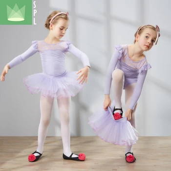 2pcs Crianças Ballet Dança Roupas de Manga Longa de Balé de Meninas Véu Terno Garoto Praticar Ginástica Traje Macacão e Saia B-4645