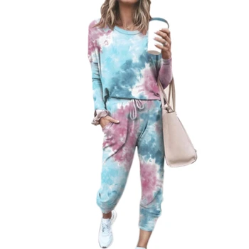 Mulheres Impressão de Tie-Dye 2Pcs Conjunto de Pijama de Manga Longa O-Pescoço Pulôver Tops Cordão Jogger Calças de Pijamas em Casa Loungewear
