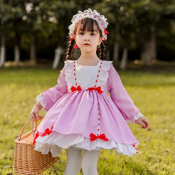 Lolita Vestido de Meninas Laço de Crianças Vestido de Manga Longa Vestido Arco de Festa Vestido de Princesa