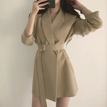 As mulheres do Novo Terno de Pequeno a Médio Longo Chique Correia coreano Casual Temperamento Blazer Casaco Feminino Outono Inverno Outderwear Blazer