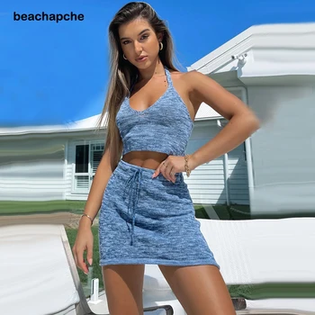 Beachapche 2021 Estilo Praia Tops e Saia de Conjunto para as Mulheres de Tricô de Algodão Halter Sexy sem encosto Mini Vestidos Bodycon Magro Manga
