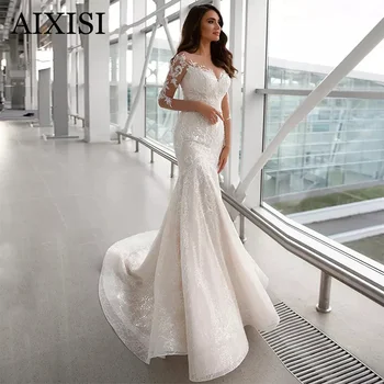 Eleagant Sereia Vestido de Noiva Cheio de Mangas Botão Cut-Out de Vestidos De Noiva de Renda Tule Apliques de Robe de mariee 2022 Novo