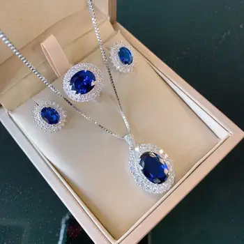 Qualidade Superior S925 Prata Natural, Azul Safira Colar De Pingente, Anel, Brincos Jóias De Luxo Para Mulheres, Presente De Casamento