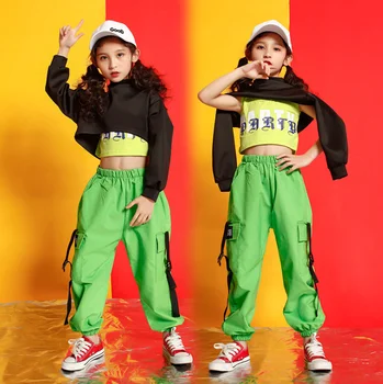 Jazz, Dança de Salão Trajes de Hip-hop dance Roupas de meninas Adolescentes hip hop show Verde crop tops Jogger Calças Para 6 8 10 12 14 16 Anos