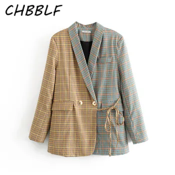 CHBBLF mulher elegante blazer xadrez bolsos double breasted manga longa casual casaco feminino roupa chique superior DFT27349