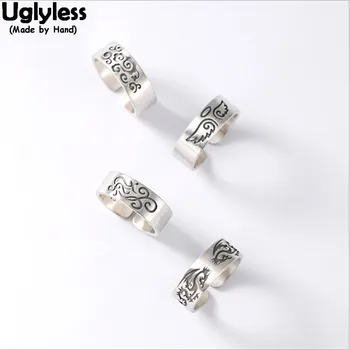 Uglyless Neutro Designer Homens Mulheres Étnicas Totem Padrões Abertos Anéis De Prata 925 De Prata Tailandês De Vintage Anéis Ângulo De Dragão Jóias