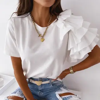 Moda blusa mulheres elegantes tons de branco Cor Sólida Plissado em Camadas de Manga Curta Assimétrica T-shirt Solta Top para o Verão as Mulheres Blusas