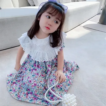 2021 Verão de Crianças Roupas de Meninas de Manga Curta, Gola de Laço estampa Floral Vestido de Princesa Para 2-7Yrs Vestido de Festa a Fantasia Vestido de
