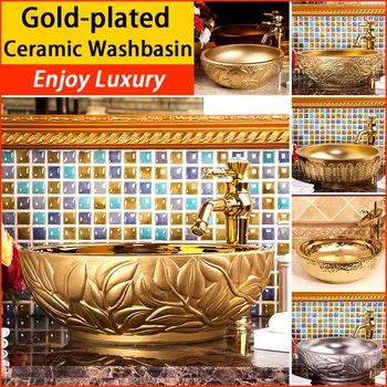 Banhado A Ouro De Arte De Cerâmica Lavatório Europeia De Luxo, Lavatório, Casa De Banho Bancada Bacia Wc Pia Misto Torneira Shampoo Bacia