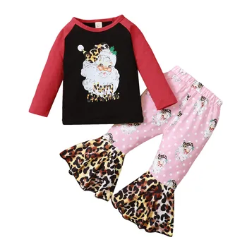 O Bebê Meninas Roupas De Inverno Do Natal Trajes De Desenhos Animados Santa Impressão Pulôver +Leopard Flare Pants Menina Conjuntos De Vestuário