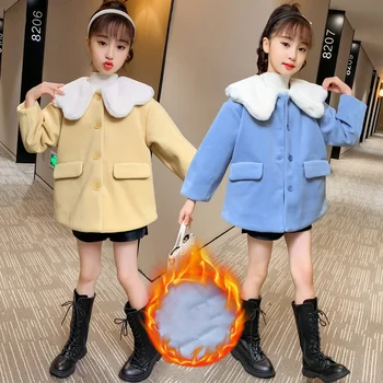 De lã Meninas do Bebé Crianças Jaqueta casaco 2021 Sólido Quente Engrossar Inverno Outono de Algodão Bolso Botões de Vestuário infantil Vestuário