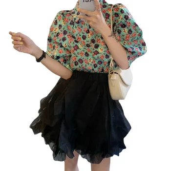 Nova Verão Doce Menina de 2 Conjuntos de peças Puff Manga Flor de Camisa de Impressão Superior e Irregulares Preto de Malha de Mini Saia Tutu Define 2pc Vestir Ternos