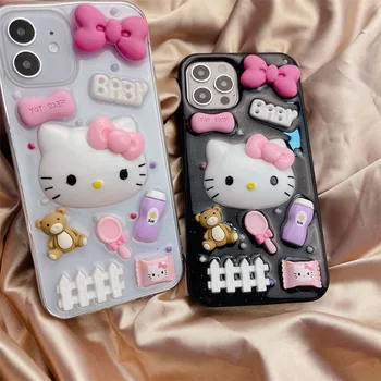 3D Sanrio Hello Kitty Transparente Casos de Telefone Para o iPhone 14 13 12 11 Pro Max Mini XR XS MÁXIMO de 8 X 7 SE de 2020 Tampa Traseira