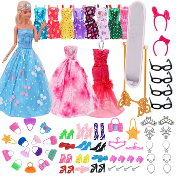 Roupas de boneca Princesa Vestido de Sapatos Botas Mini Vestido de Bolsas Coroa de Ganchos de Óculos de Festa Saia Vestido para Boneca Barbies Acessórios