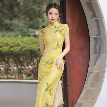 Verão Nova Garota Jovem De Temperamento Retrô Amarelo Qipao Longo De Estilo Chinês, Vestido De Moda Vintage Cheongsam Festa De Vestidos Sexy