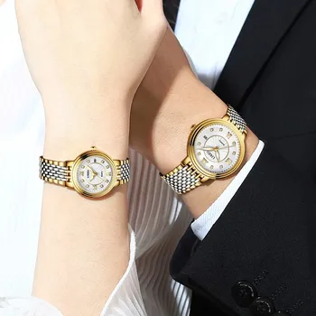 Os amantes de relógio de luz de luxo ultra-fina pulseira de aço calendário pequeno, três agulhas de diamante com ligação de moda para homens e mulheres relógios