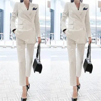 Moda feminina casual terno terno / mulheres de negócios do casaco branco com listras de cor sólida de abotoamento duplo paletó +calça de terno