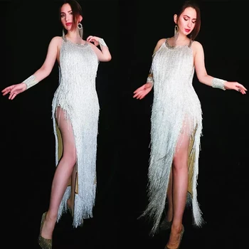 Moda de Franjas Brancas Longa Vestido das Mulheres de Aniversário para Comemorar Trajes de Noite, Vestidos de Baile, Show no Palco Roupa Festival Vestido XS5722