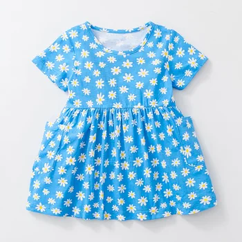 Pouco Maven Nova Verão de Crianças Roupas de manga Curta Azul do Céu Impresso O de Malha com decote em 1-6yrs Algodão Meninas Vestidos Casuais
