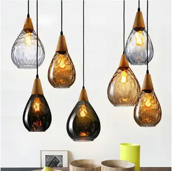 Nordic de madeira lustre em forma de gota de vidro do pendant da lâmpada para a sala de LED E27 levou sala de jantar lâmpada