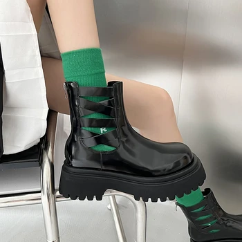 Design Botas de Plataforma Sqaure Toe Botas Chelsea Deslizamento de Couro, Ankle Boots Casual Robusto Sapatos Botas de Plataforma Sapatos para Mulheres