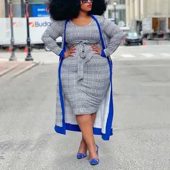 4XL 5XL de grandes dimensões Africana Senhoras Vestido de Conjuntos de Outwears & Conjuntos de Vestido Xadrez Impresso Alta Moda Street Wear Correspondência de Conjuntos de Novo 2022