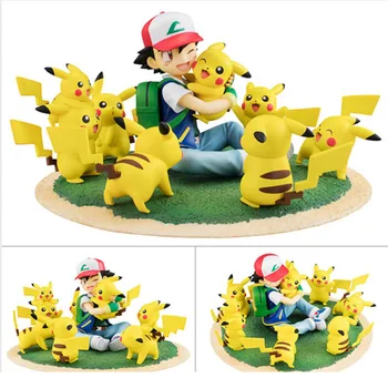 Anime japonês de Pokémon Periférica Xiaozhi 7 Pikachu Expressão Figura de Ação Rodeado Por Sentado Cena Modelo de Brinquedos para Crianças