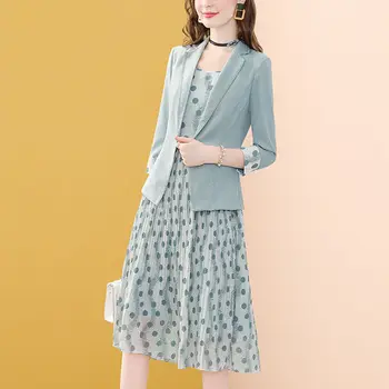 Conjuntos de vestido das Mulheres de Primavera Novo coreano Moda Pulseira de Cetim estampa de Bolinhas Vestidos Longos Casual Terno de Duas peças Ternos X333