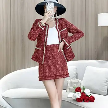 Outono, Moda De Inverno Coreano Tweed De Duas Peças De Conjunto De Mulheres Beading De Lã De Manga Comprida Casaco + Elegante Terno De Mini Saia