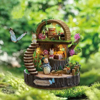 LED Floresta Totoro Figura casa de boneca móveis diy casa de bonecas de madeira diy casa de bonecas em miniatura casa de bonecas de crianças mobiliário de Brinquedo de presente