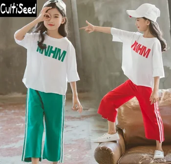 Meninas o Verão Conjunto de Roupas para Crianças Carta de Impressão de T-Shirts+Listrado Calças compridas 2pcs Conjuntos de Alunos Casual Active Ternos Conjuntos