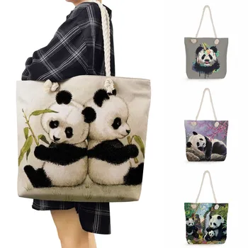 Panda Bonito Impresso Bolsas Portátil Casual, Bolsa De Ombro Das Mulheres Estudante De Corda Grossa A Sacola De Roupa De Senhoras Animal Shopper Bag