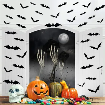 24/48pcs Decoração de Halloween 3D de PVC Preto Morcego Festa de Halloween DIY Decoração do Bar Quarto de Festa de Halloween Assustador Decos Adereços Adesivo de Parede