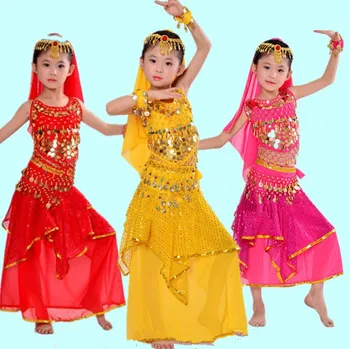 Preços baratos 7 Conjunto de Lantejoulas meninas de dança do Ventre, Indiana Crianças Vestido de Bollywood de Dança do Ventre, Figurinos saia ou calça tipo 2
