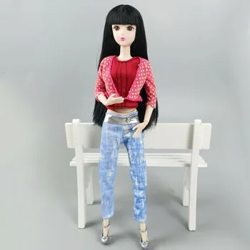 1Set cor-de-Rosa às Bolinhas Casaco Colete Jeans Calças Artesanal de Roupas Para a Boneca Barbie com Roupas para 1:6 BJD Boneca Dollhouse 1/6 Acessórios