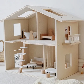 1Set Casa de bonecas de madeira de simulação de villa pequena casa de madeira, incluindo o conjunto completo de mobiliário e ornamentos