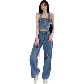 2021 produto Novo Streetwear Jeans feminino 2 Peças de Conjuntos de V-Pescoço Puff Luva de Cultura Superior e de Cintura Alta Botão Calças de Ternos de Roupas Femme
