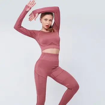 Explosivos esportes de verão a roupa do yoga quadris trecho de meia-calça feminina beleza de volta conjuntos de manga longa de fitness, esportes terno