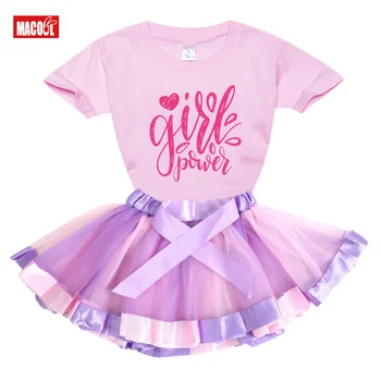 Meninas Tutu Vestido +T-Shirt 2Pcs Crianças GIRL POWER Vestido de Festa de Menina Princesa arco-íris Vestido de Criança de Bebê Vestido de Criança Conjuntos