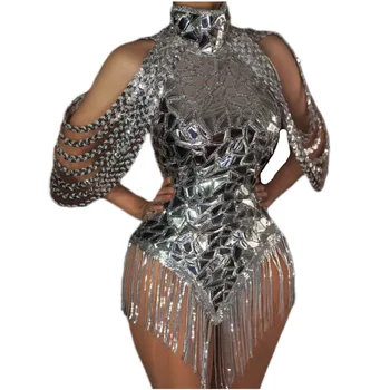 Prata Brilhante Espelho de Lantejoulas Sexy sem encosto de Borla Bodys Para as Mulheres da Festa Discoteca DJ Pano de Palco a Cantora Traje de Baile, o Desgaste