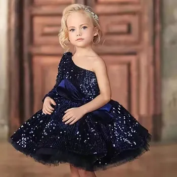 2022 Azul Royal Curta Crianças Meninas Elegante Vestido Da Menina De Flor De Princesa Da Festa De Concurso Formal De Lantejoulas Tule Vestidos Personalizado