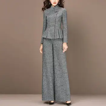 Primavera, outono, camisa de manga comprida casaco mulheres outwears xadrez Babados largura da perna com o terno feminino 2 peças de conjuntos de mulheres ternos