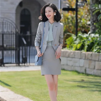 A moda do Blazer Mulheres Ternos Cinza de Saia e Casaco de Conjuntos de Senhoras vestuário de Trabalho do Office Uniforme Estilos