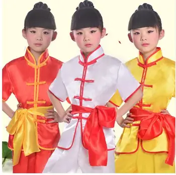 (0102) Crianças de artes Marciais de desempenho trajes as meninas e os meninos do Kung Fu de Manga Longa taiji dança folclórica roupas