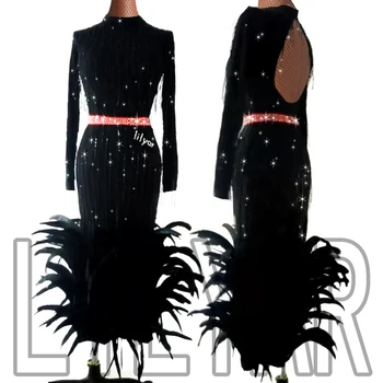 Nova Dança latina Vestido competitivo vestido de desempenho Vestido Adulto personalizado preto brilhante longo Vestido de Dança