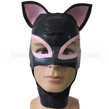 O Látex de Borracha Natural Gato Mulheres Máscara de Preto com Rosa Ouvidos Capa de Volta Zipper Artesanal RLM260