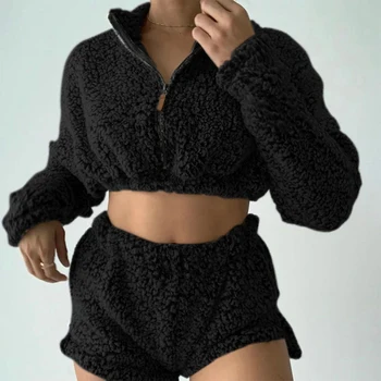 2Pcs Sexy, Fofo Ternos de Veludo Plush com Capuz Pijamas Shorts + Crop Top Mulheres Treino Casual, Esporte de Conjunto de Macacão Camisolas
