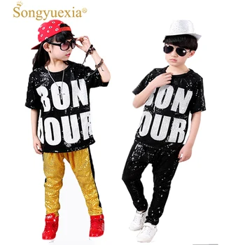 Songyuexia Crianças dança jazz trajes meninas e um menino conjunto de crianças hip hop o hip - hop Lantejoulas trajes de meninas desempenho fantasias
